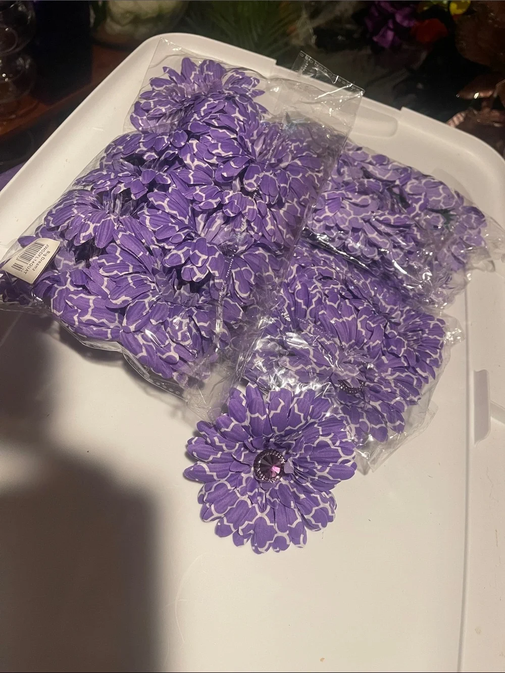 Purple & White Floral Fabric Flowers diy 3 dozen large crafts rhinestone Center